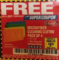Harbor Freight FREE Coupon GRANT'S MICROFIBER CLEANING CLOTHS 12 IN. X 12 IN., 4-PACK Lot No. 63363/63358/63925 Expired: 5/31/18 - FWP