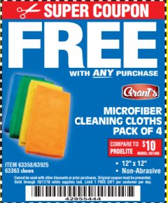 Harbor Freight FREE Coupon GRANT'S MICROFIBER CLEANING CLOTHS 12 IN. X 12 IN., 4-PACK Lot No. 63363/63358/63925 Expired: 10/17/18 - FWP