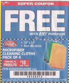 Harbor Freight FREE Coupon GRANT'S MICROFIBER CLEANING CLOTHS 12 IN. X 12 IN., 4-PACK Lot No. 63363/63358/63925 Expired: 8/25/18 - FWP
