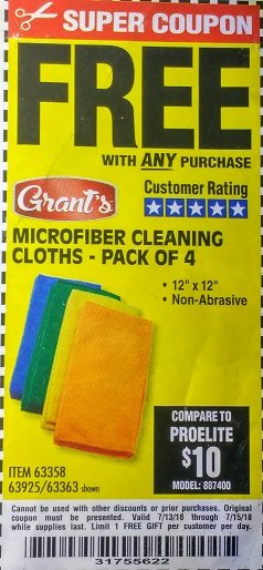 Harbor Freight FREE Coupon GRANT'S MICROFIBER CLEANING CLOTHS 12 IN. X 12 IN., 4-PACK Lot No. 63363/63358/63925 Expired: 7/15/18 - FWP
