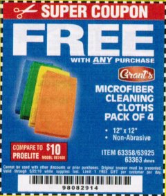 Harbor Freight FREE Coupon GRANT'S MICROFIBER CLEANING CLOTHS 12 IN. X 12 IN., 4-PACK Lot No. 63363/63358/63925 Expired: 5/22/19 - FWP