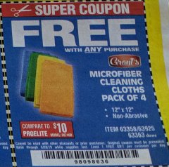 Harbor Freight FREE Coupon MICROFIBER CLEANING CLOTHS PACK OF 4 Lot No. 57162/63358/63925/63363 Expired: 5/28/19 - FWP