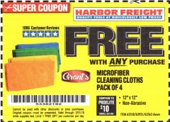 Harbor Freight FREE Coupon MICROFIBER CLEANING CLOTHS PACK OF 4 Lot No. 57162/63358/63925/63363 Expired: 3/31/19 - FWP