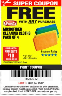 Harbor Freight FREE Coupon GRANT'S MICROFIBER CLEANING CLOTHS 12 IN. X 12 IN., 4-PACK Lot No. 63363/63358/63925 Expired: 3/3/19 - FWP
