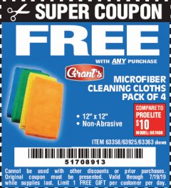 Harbor Freight FREE Coupon MICROFIBER CLEANING CLOTHS PACK OF 4 Lot No. 57162/63358/63925/63363 Expired: 7/19/19 - FWP