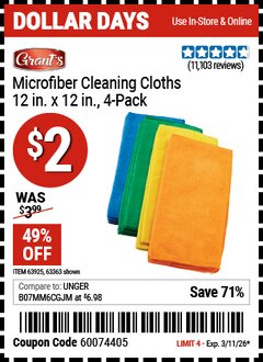 Harbor Freight Coupon GRANT'S MICROFIBER CLEANING CLOTHS 12 IN. X 12 IN., 4-PACK Lot No. 63363/63358/63925 Valid Thru: 3/11/26 - $2