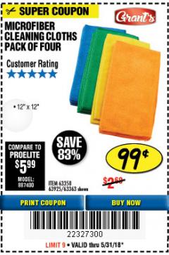 Harbor Freight Coupon MICROFIBER CLEANING CLOTHS PACK OF 4 Lot No. 57162/63358/63925/63363 Expired: 5/31/18 - $0.99