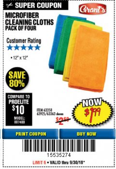 Harbor Freight Coupon GRANT'S MICROFIBER CLEANING CLOTHS 12 IN. X 12 IN., 4-PACK Lot No. 63363/63358/63925 Expired: 9/30/18 - $1.99