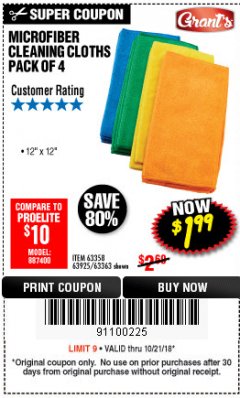 Harbor Freight Coupon GRANT'S MICROFIBER CLEANING CLOTHS 12 IN. X 12 IN., 4-PACK Lot No. 63363/63358/63925 Expired: 10/21/18 - $1.99