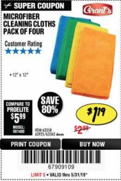 Harbor Freight Coupon GRANT'S MICROFIBER CLEANING CLOTHS 12 IN. X 12 IN., 4-PACK Lot No. 63363/63358/63925 Expired: 5/31/19 - $1.19
