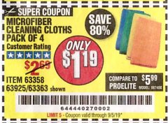 Harbor Freight Coupon MICROFIBER CLEANING CLOTHS PACK OF 4 Lot No. 57162/63358/63925/63363 Expired: 9/5/19 - $1.19