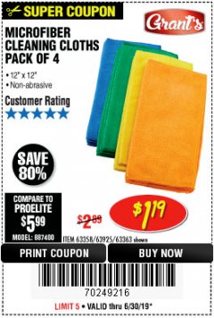 Harbor Freight Coupon GRANT'S MICROFIBER CLEANING CLOTHS 12 IN. X 12 IN., 4-PACK Lot No. 63363/63358/63925 Expired: 6/30/19 - $1.19