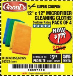Harbor Freight Coupon GRANT'S MICROFIBER CLEANING CLOTHS 12 IN. X 12 IN., 4-PACK Lot No. 63363/63358/63925 Expired: 8/12/19 - $1.99