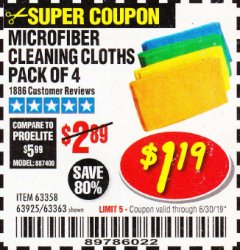 Harbor Freight Coupon MICROFIBER CLEANING CLOTHS PACK OF 4 Lot No. 57162/63358/63925/63363 Expired: 6/30/19 - $1.19