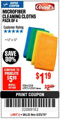 Harbor Freight Coupon GRANT'S MICROFIBER CLEANING CLOTHS 12 IN. X 12 IN., 4-PACK Lot No. 63363/63358/63925 Expired: 6/23/19 - $1.19