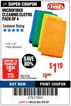 Harbor Freight Coupon GRANT'S MICROFIBER CLEANING CLOTHS 12 IN. X 12 IN., 4-PACK Lot No. 63363/63358/63925 Expired: 9/2/19 - $1.19