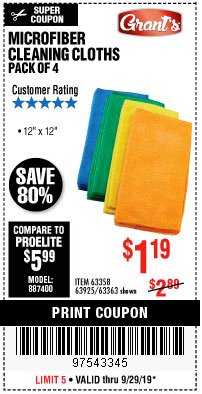 Harbor Freight Coupon GRANT'S MICROFIBER CLEANING CLOTHS 12 IN. X 12 IN., 4-PACK Lot No. 63363/63358/63925 Expired: 9/29/19 - $1.19