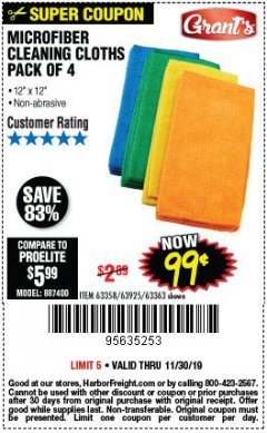 Harbor Freight Coupon MICROFIBER CLEANING CLOTHS PACK OF 4 Lot No. 57162/63358/63925/63363 Expired: 11/30/19 - $0.99
