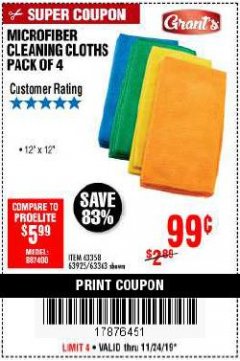 Harbor Freight Coupon MICROFIBER CLEANING CLOTHS PACK OF 4 Lot No. 57162/63358/63925/63363 Expired: 11/24/19 - $0.99