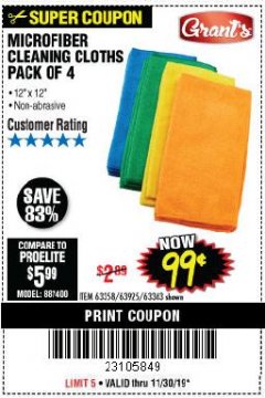 Harbor Freight Coupon GRANT'S MICROFIBER CLEANING CLOTHS 12 IN. X 12 IN., 4-PACK Lot No. 63363/63358/63925 Expired: 11/30/19 - $0.99