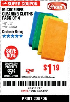 Harbor Freight Coupon GRANT'S MICROFIBER CLEANING CLOTHS 12 IN. X 12 IN., 4-PACK Lot No. 63363/63358/63925 Expired: 1/1/20 - $1.19