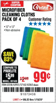 Harbor Freight Coupon GRANT'S MICROFIBER CLEANING CLOTHS 12 IN. X 12 IN., 4-PACK Lot No. 63363/63358/63925 Expired: 1/19/20 - $0.99
