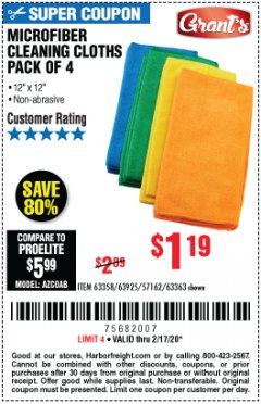 Harbor Freight Coupon GRANT'S MICROFIBER CLEANING CLOTHS 12 IN. X 12 IN., 4-PACK Lot No. 63363/63358/63925 Expired: 2/17/20 - $1.19