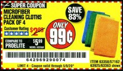 Harbor Freight Coupon GRANT'S MICROFIBER CLEANING CLOTHS 12 IN. X 12 IN., 4-PACK Lot No. 63363/63358/63925 Expired: 6/30/20 - $0.99