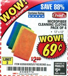 Harbor Freight Coupon GRANT'S MICROFIBER CLEANING CLOTHS 12 IN. X 12 IN., 4-PACK Lot No. 63363/63358/63925 Expired: 6/30/20 - $0.69