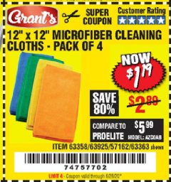 Harbor Freight Coupon GRANT'S MICROFIBER CLEANING CLOTHS 12 IN. X 12 IN., 4-PACK Lot No. 63363/63358/63925 Expired: 6/28/20 - $1.19