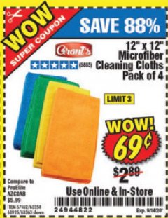 Harbor Freight Coupon MICROFIBER CLEANING CLOTHS PACK OF 4 Lot No. 57162/63358/63925/63363 Expired: 9/14/20 - $0.69