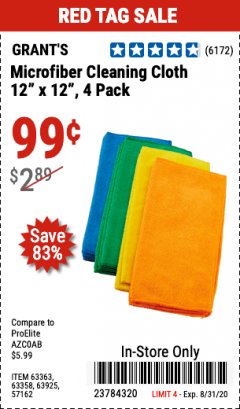 Harbor Freight Coupon MICROFIBER CLEANING CLOTHS PACK OF 4 Lot No. 57162/63358/63925/63363 Expired: 8/31/20 - $0.99