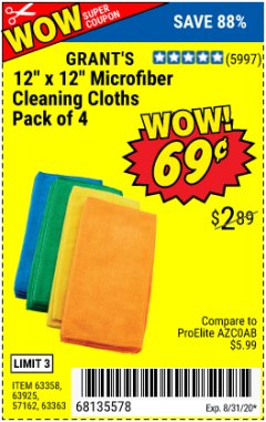 Harbor Freight Coupon GRANT'S MICROFIBER CLEANING CLOTHS 12 IN. X 12 IN., 4-PACK Lot No. 63363/63358/63925 Expired: 8/31/20 - $0.69