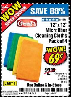 Harbor Freight Coupon MICROFIBER CLEANING CLOTHS PACK OF 4 Lot No. 57162/63358/63925/63363 Expired: 10/2/20 - $0.69