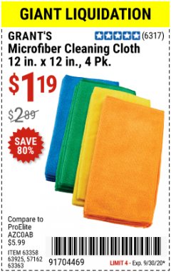 Harbor Freight Coupon MICROFIBER CLEANING CLOTHS PACK OF 4 Lot No. 57162/63358/63925/63363 Expired: 9/30/20 - $1.19