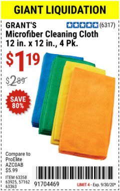 Harbor Freight Coupon GRANT'S MICROFIBER CLEANING CLOTHS 12 IN. X 12 IN., 4-PACK Lot No. 63363/63358/63925 Expired: 9/30/20 - $1.19