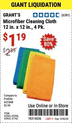 Harbor Freight Coupon MICROFIBER CLEANING CLOTHS PACK OF 4 Lot No. 57162/63358/63925/63363 Expired: 9/30/20 - $1.19