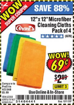 Harbor Freight Coupon GRANT'S MICROFIBER CLEANING CLOTHS 12 IN. X 12 IN., 4-PACK Lot No. 63363/63358/63925 Expired: 12/11/20 - $0.69