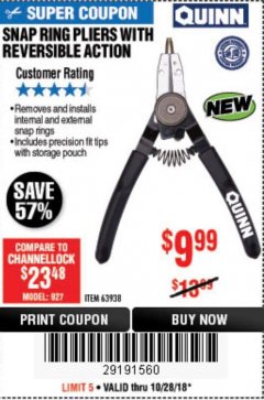 Harbor Freight Coupon SNAP RING PLIERS WITH REVERSIBLE ACTION Lot No. 63938 Expired: 10/28/18 - $9.99