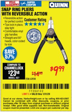 Harbor Freight Coupon SNAP RING PLIERS WITH REVERSIBLE ACTION Lot No. 63938 Expired: 1/31/20 - $9.99
