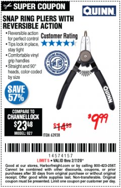 Harbor Freight Coupon SNAP RING PLIERS WITH REVERSIBLE ACTION Lot No. 63938 Expired: 2/7/20 - $9.99