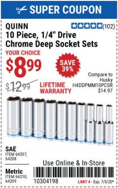 Harbor Freight Coupon QUINN 10 PIECE, 1/4" DRIVE CHROME SOCKET SETS Lot No. 64203/64204/64205/64206 Expired: 7/5/20 - $8.99