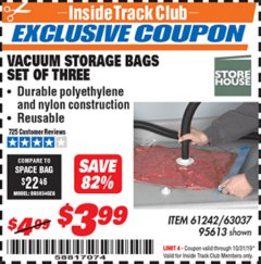 Harbor Freight ITC Coupon VACUUM STORAGE BAGS PACK OF THREE Lot No. 63037/61242/95613 Expired: 10/31/19 - $3.99