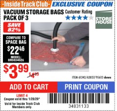 Harbor Freight ITC Coupon VACUUM STORAGE BAGS PACK OF THREE Lot No. 63037/61242/95613 Expired: 1/28/20 - $3.99