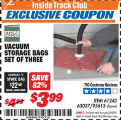 Harbor Freight ITC Coupon VACUUM STORAGE BAGS PACK OF THREE Lot No. 63037/61242/95613 Expired: 2/29/20 - $3.99