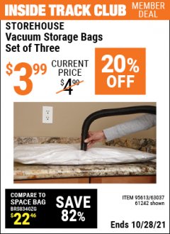 Harbor Freight ITC Coupon VACUUM STORAGE BAGS PACK OF THREE Lot No. 63037/61242/95613 Expired: 10/28/21 - $3.99