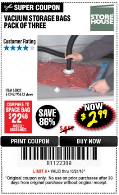 Harbor Freight Coupon VACUUM STORAGE BAGS PACK OF THREE Lot No. 63037/61242/95613 Expired: 10/21/18 - $2.99