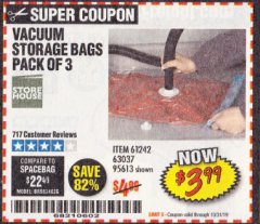 Harbor Freight Coupon VACUUM STORAGE BAGS PACK OF THREE Lot No. 63037/61242/95613 Expired: 10/31/19 - $3.99