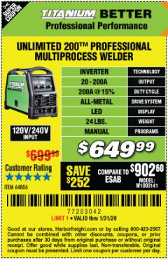 Harbor Freight Coupon TITANIUM UNLIMITED 200 PROFESSIONAL MULTIPROCESS WELDER Lot No. 57862/64806 Expired: 1/31/20 - $649.99