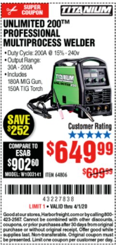 Harbor Freight Coupon TITANIUM UNLIMITED 200 PROFESSIONAL MULTIPROCESS WELDER Lot No. 57862/64806 Expired: 4/1/20 - $649.99